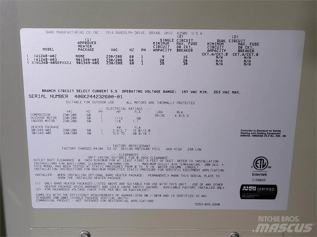  BARD W12AB-A05EPXXXJ Used Ground Thawing Equipment